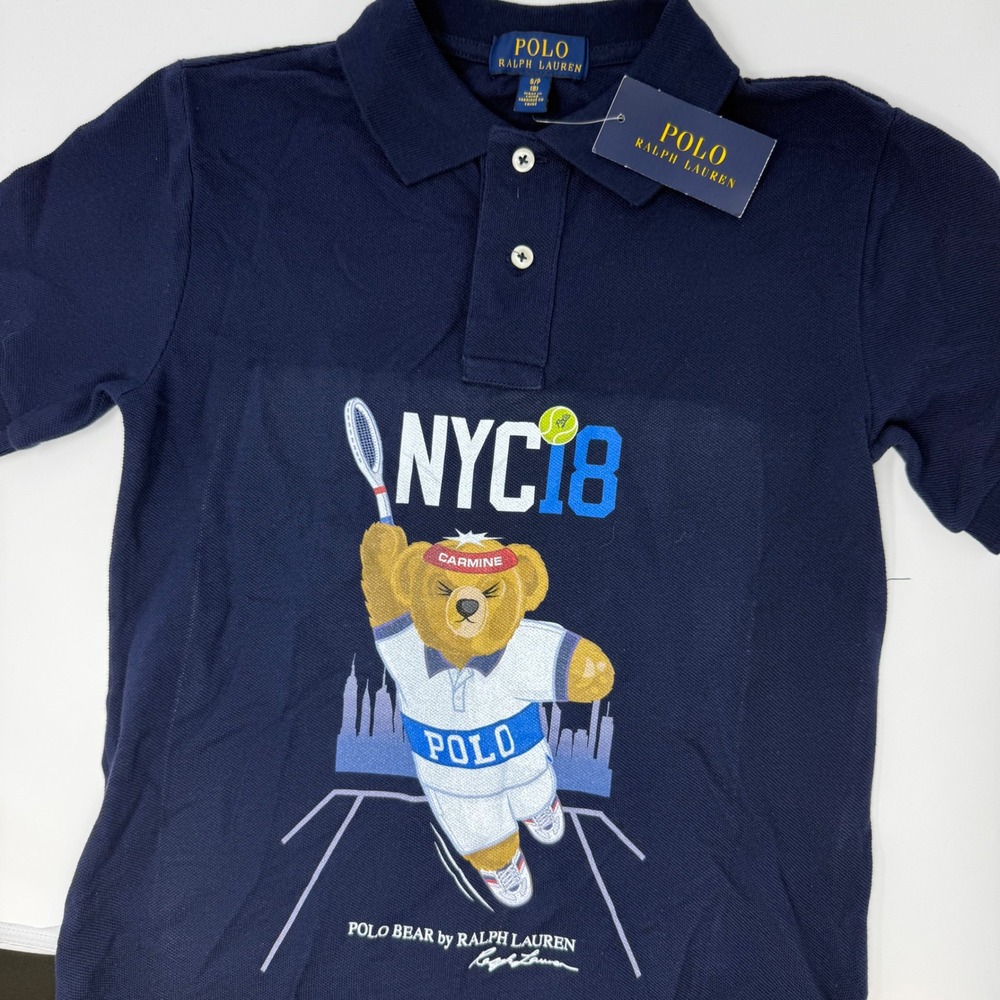 Polo Ralph‎ Lauren Boys NYC Bianco 28 Tennis Bear Polo Shirt Size Small 8 NEW